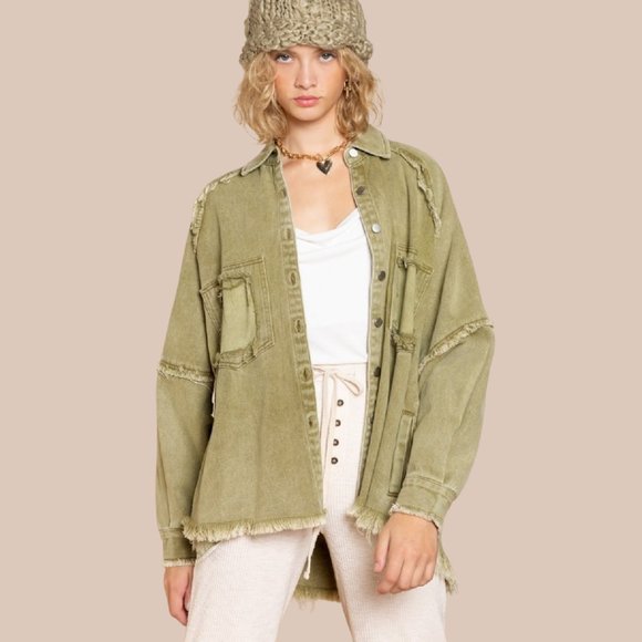 POL Vintage Looking Distressed Olive Green Shacket Jacket: - Picture 4 of 6